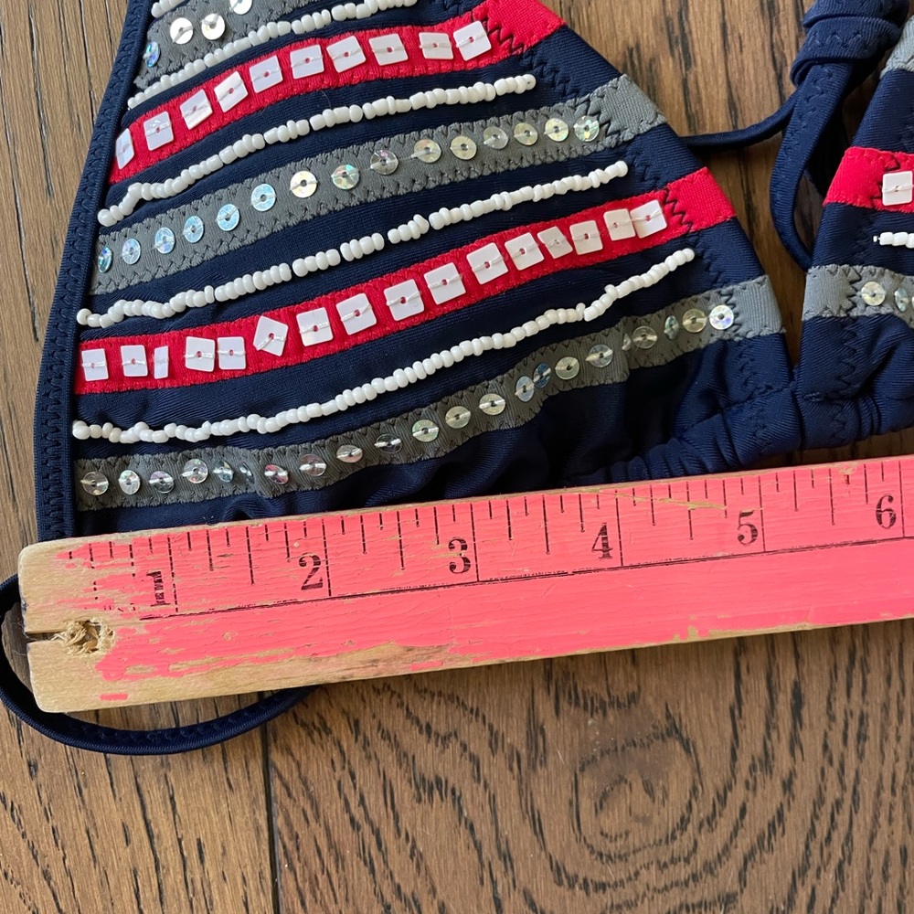 NWT BEACH JOY 2 Pc Navy, Red & White Beaded & Sequin String Bikini Set Sz Small - Picture 7 of 9